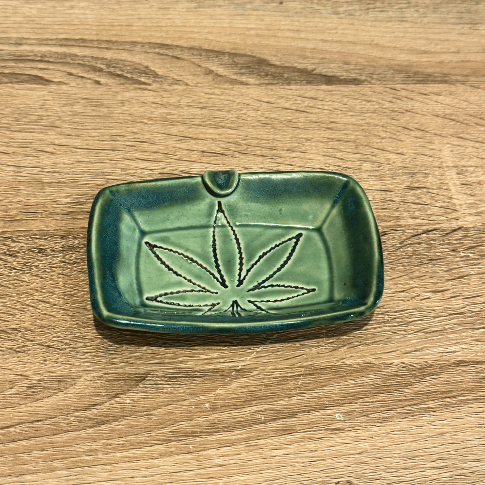 green handmade ceramic weed ashtray. quirky handmade ceramics